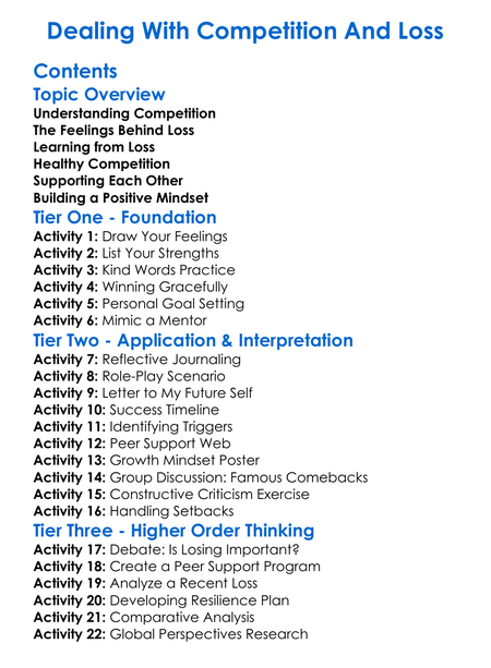 Dealing With Competition And Loss Worksheet Activity Booklet