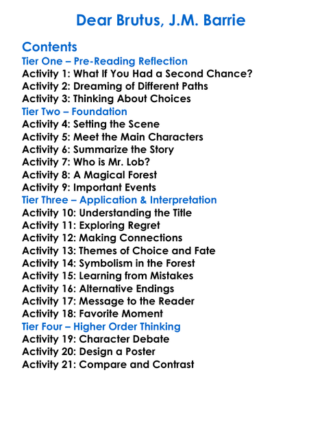 Dear Brutus Jm Barrie Worksheet Activity Booklet
