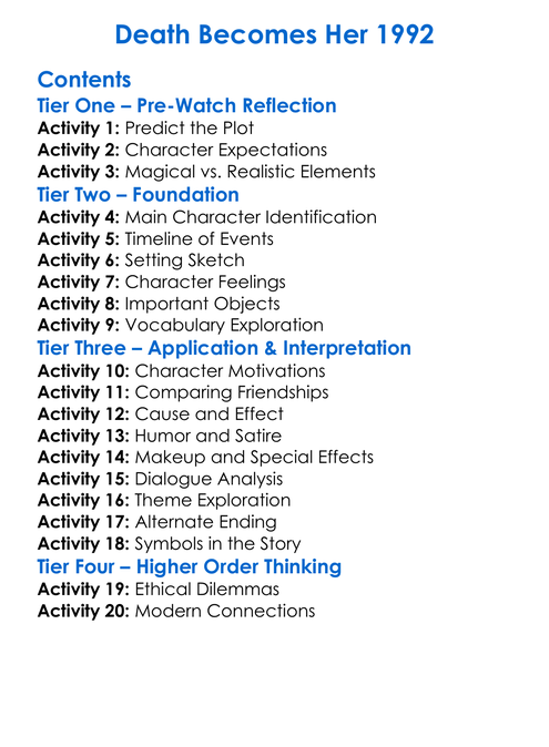 Death Becomes Her 1992 Worksheet Activity Booklet