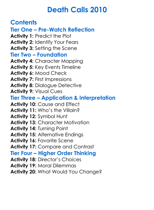 Death Calls 2010 Worksheet Activity Booklet