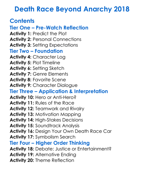 Death Race Beyond Anarchy 2018 Worksheet Activity Booklet