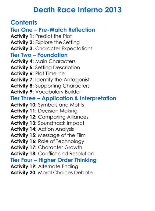 Death Race Inferno 2013 Worksheet Activity Booklet