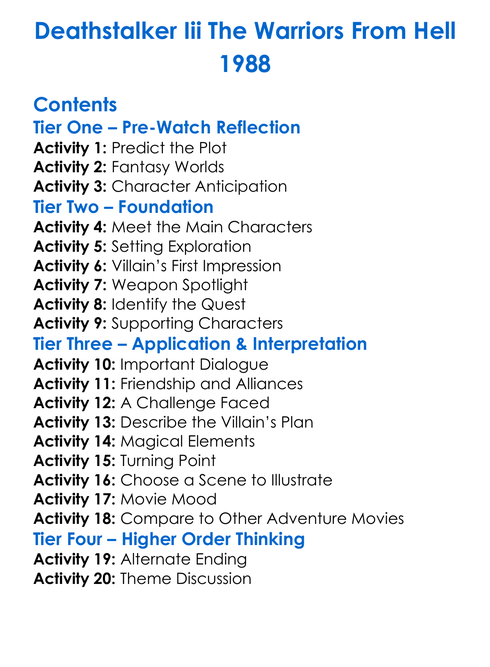 Deathstalker Iii The Warriors From Hell 1988 Worksheet Activity Booklet