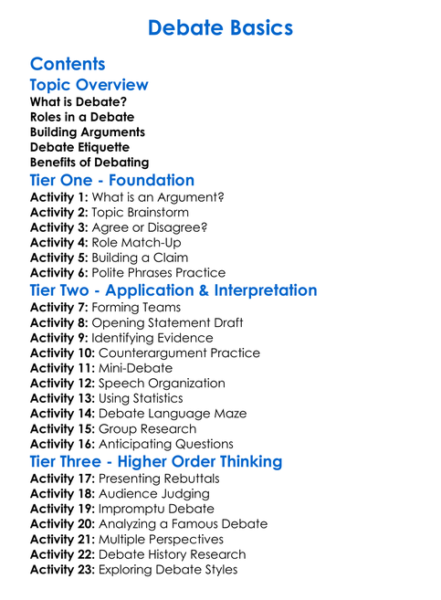 Debate Basics Worksheet Activity Booklet