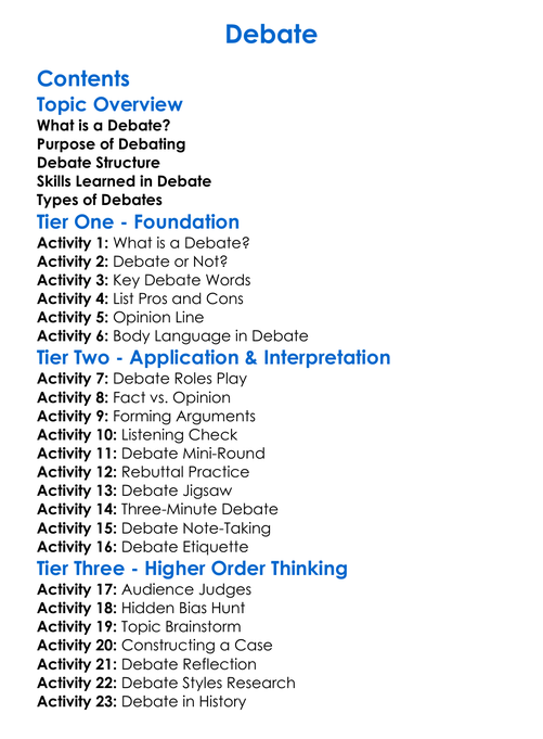 Debate Worksheet Activity Booklet