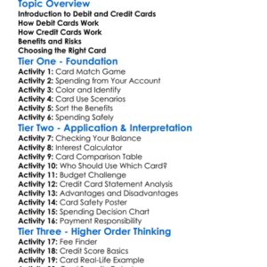 Debit Cards Vs Credit Cards Worksheet Activity Booklet