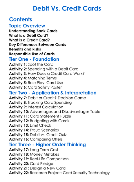 Debit Vs Credit Cards Worksheet Activity Booklet