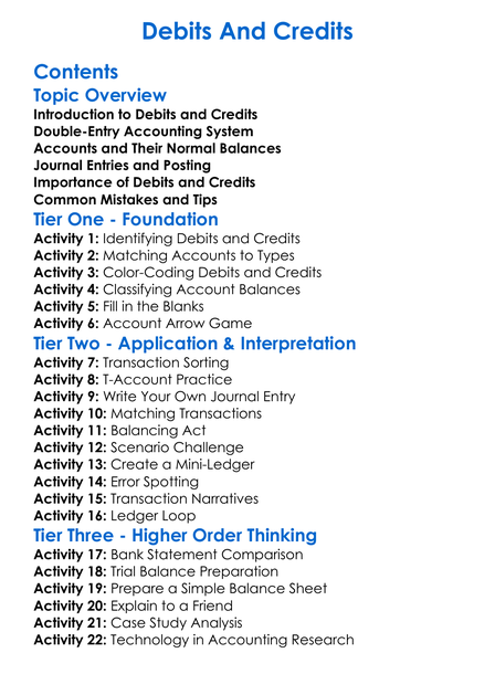 Debits And Credits Worksheet Activity Booklet