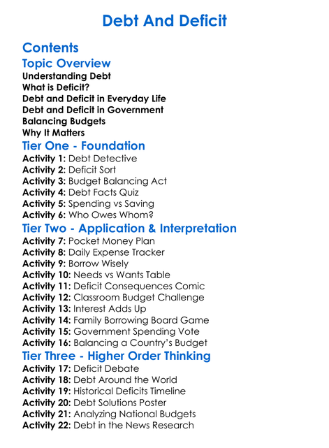 Debt And Deficit Worksheet Activity Booklet