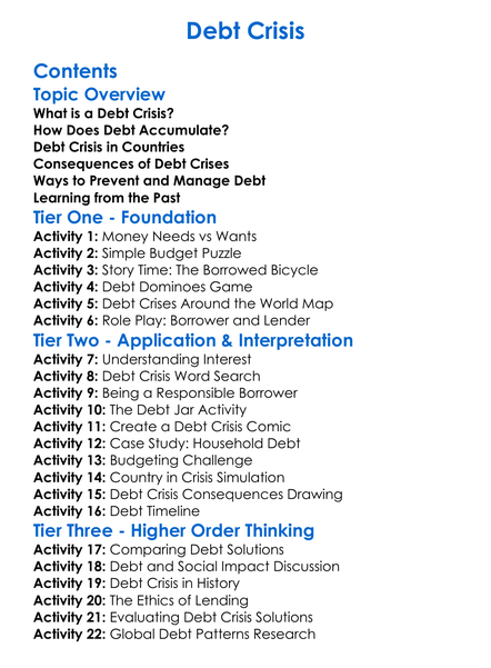 Debt Crisis Worksheet Activity Booklet