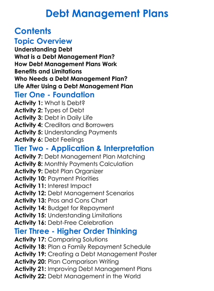Debt Management Plans Worksheet Activity Booklet