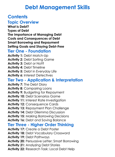 Debt Management Skills Worksheet Activity Booklet