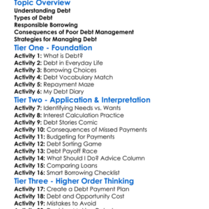 Debt Management Worksheet Activity Booklet