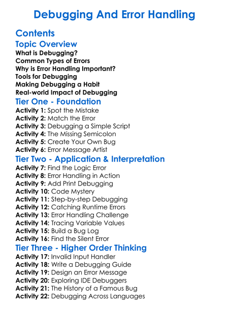 Debugging And Error Handling Worksheet Activity Booklet