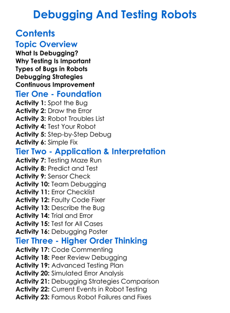 Debugging And Testing Robots Worksheet Activity Booklet