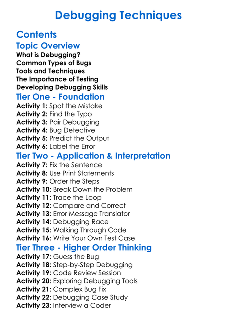 Debugging Techniques Worksheet Activity Booklet