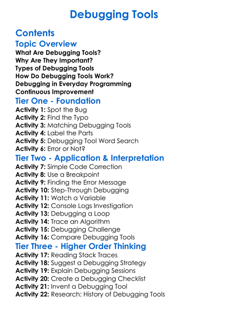 Debugging Tools Worksheet Activity Booklet