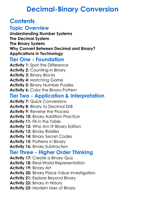 Decimal-Binary Conversion Worksheet Activity Booklet
