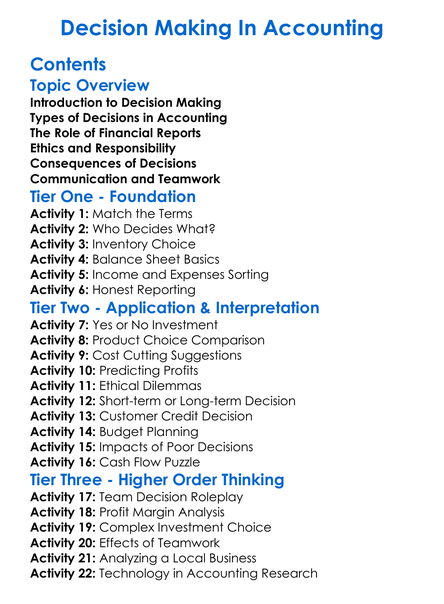 Decision Making In Accounting Worksheet Activity Booklet