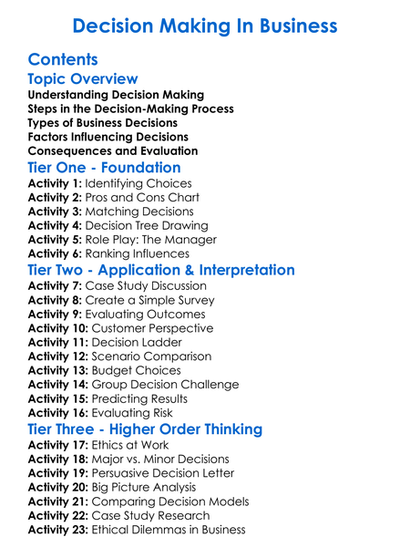 Decision-Making In Business Worksheet Activity Booklet