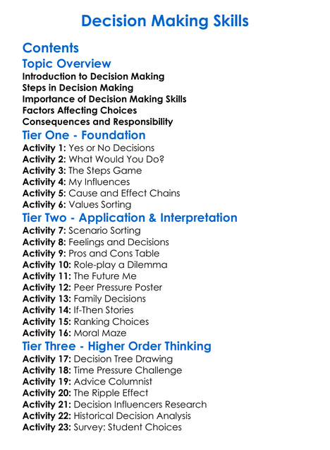 Decision Making Skills Worksheet Activity Booklet
