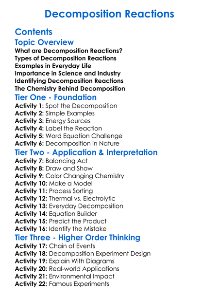 Decomposition Reactions Worksheet Activity Booklet