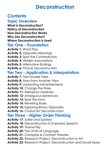 Deconstruction Worksheet Activity Booklet