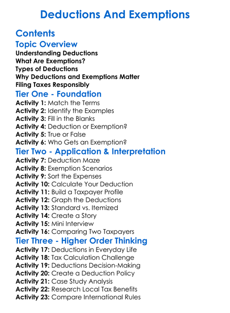 Deductions And Exemptions Worksheet Activity Booklet