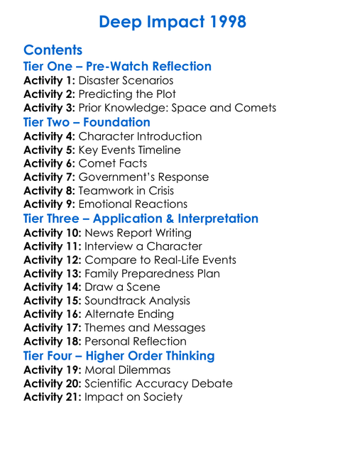 Deep Impact 1998 Worksheet Activity Booklet