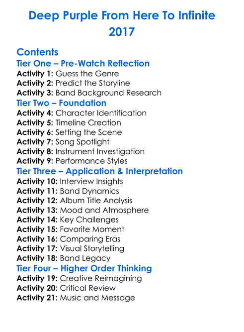 Deep Purple From Here To Infinite 2017 Worksheet Activity Booklet