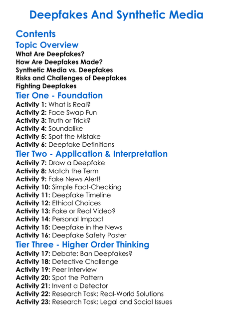 Deepfakes And Synthetic Media Worksheet Activity Booklet