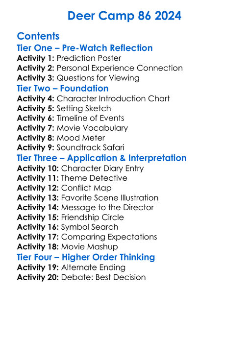Deer Camp 86 2024 Worksheet Activity Booklet