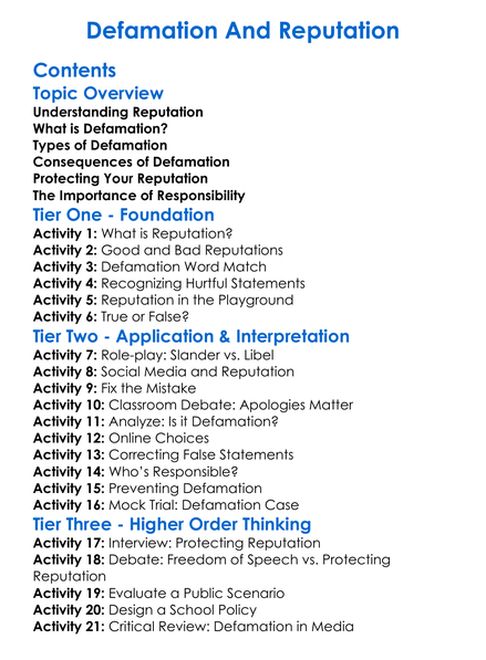 Defamation And Reputation Worksheet Activity Booklet
