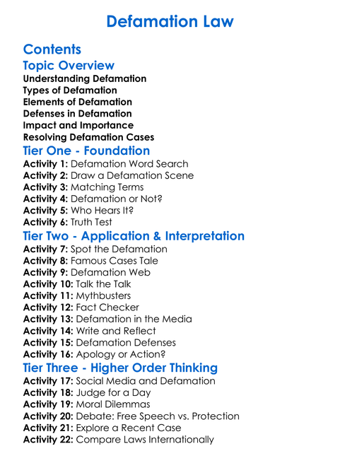 Defamation Law Worksheet Activity Booklet