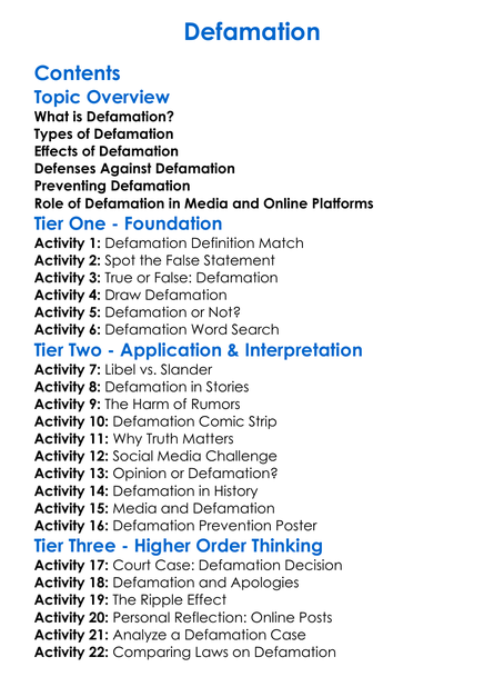 Defamation Worksheet Activity Booklet