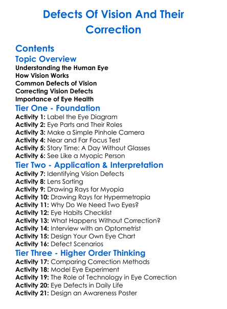 Defects Of Vision And Their Correction Worksheet Activity Booklet