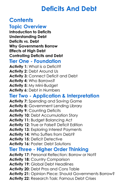 Deficits And Debt Worksheet Activity Booklet