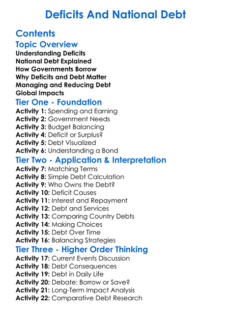 Deficits And National Debt Worksheet Activity Booklet