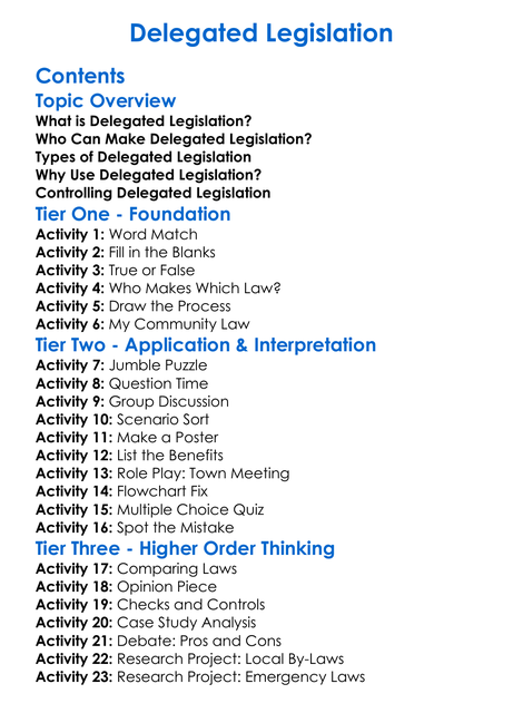Delegated Legislation Worksheet Activity Booklet