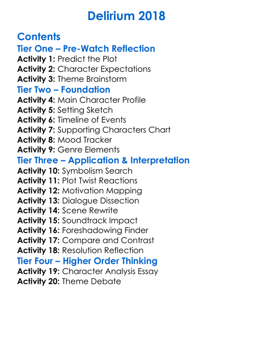 Delirium 2018 Worksheet Activity Booklet