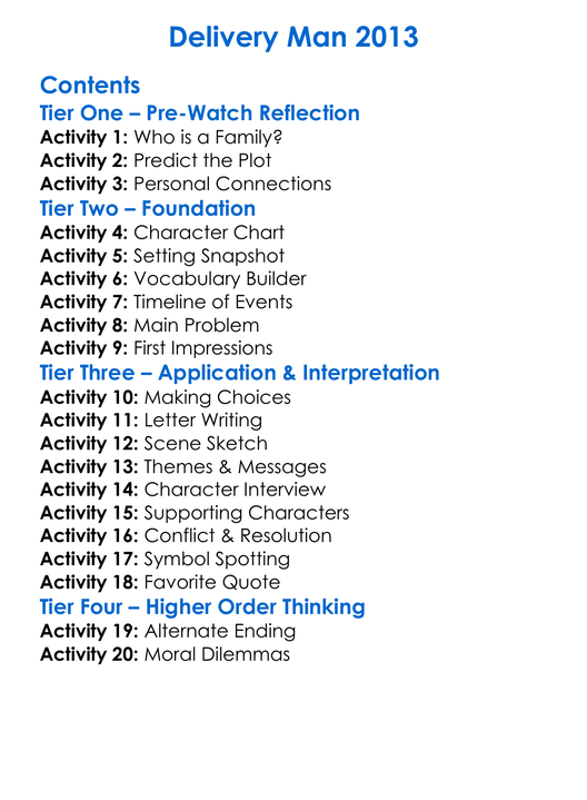 Delivery Man 2013 Worksheet Activity Booklet