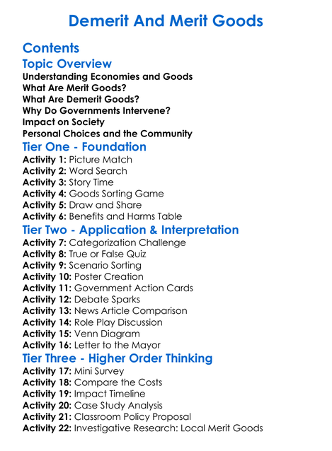 Demerit And Merit Goods Worksheet Activity Booklet
