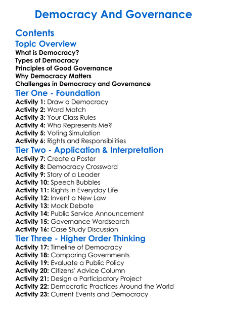 Democracy And Governance Worksheet Activity Booklet