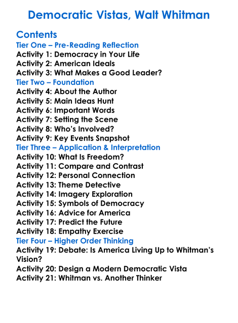 Democratic Vistas Walt Whitman Worksheet Activity Booklet