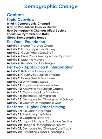 Demographic Change Worksheet Activity Booklet