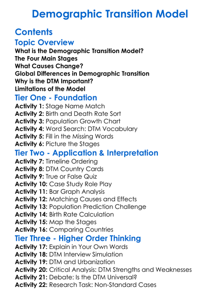 Demographic Transition Model Worksheet Activity Booklet