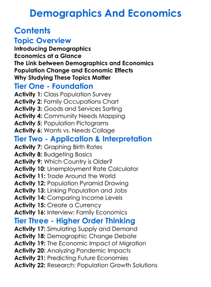 Demographics And Economics Worksheet Activity Booklet
