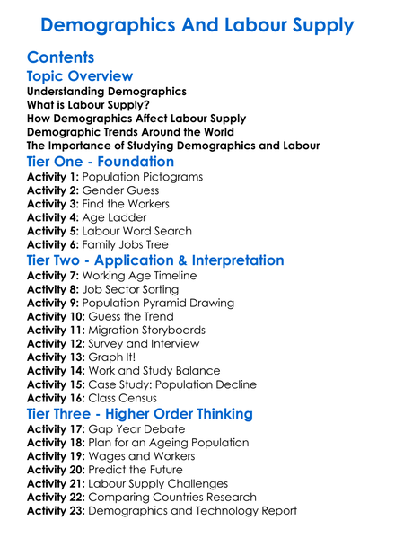 Demographics And Labour Supply Worksheet Activity Booklet