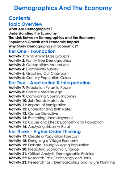 Demographics And The Economy Worksheet Activity Booklet