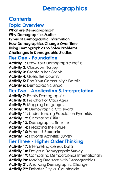 Demographics Worksheet Activity Booklet